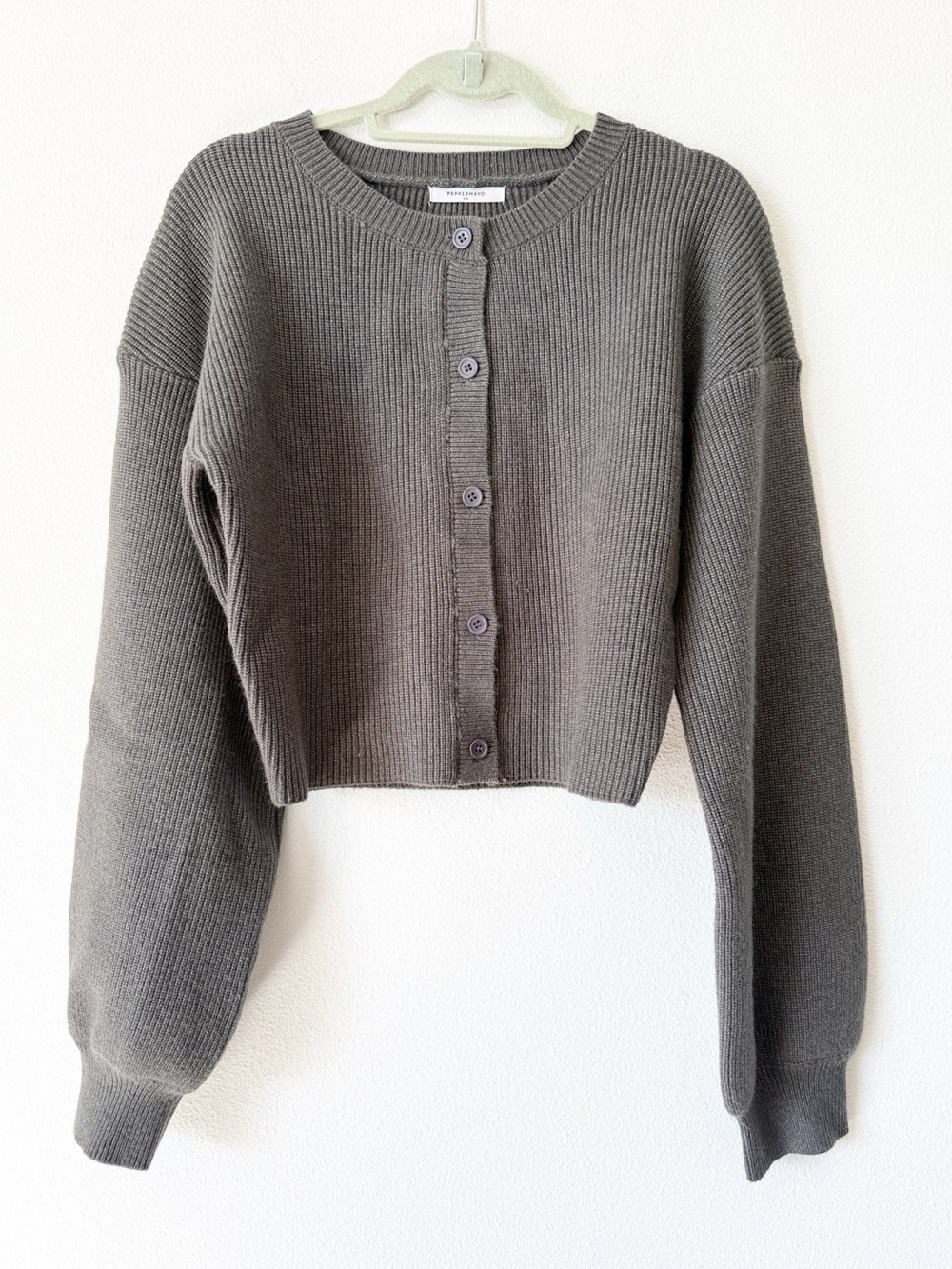 PEPPERMAYO  Cropped Ribbed Button-Front Sweater Cardigan - Gray